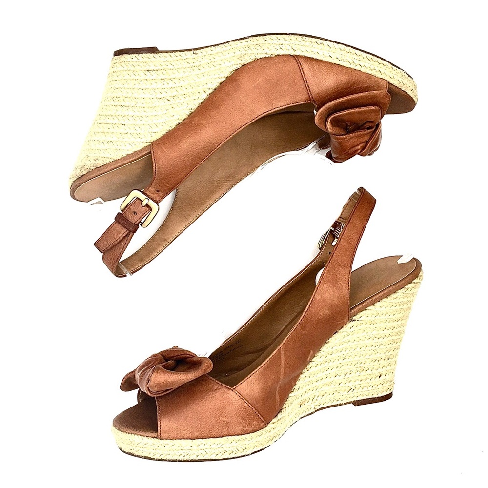 Franco Sarto Espadrille Wedge Sandals Women’s Size 10 Leather Bow Accent Tan